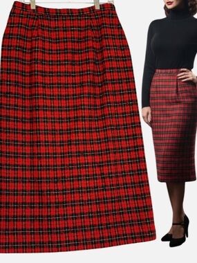 Pendleton VTG 90's Wool Pencil Skirt Red Black Tartan Plaid 12T Academia Holiday